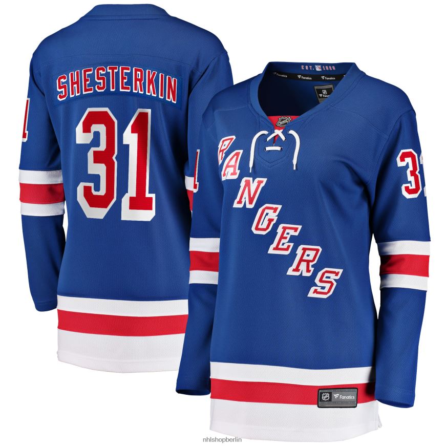 Frauen NHL Blaues Breakaway-Heimtrikot der New York Rangers mit Fanatics-Logo von Igor Shesterkin Kleidung BF680T232