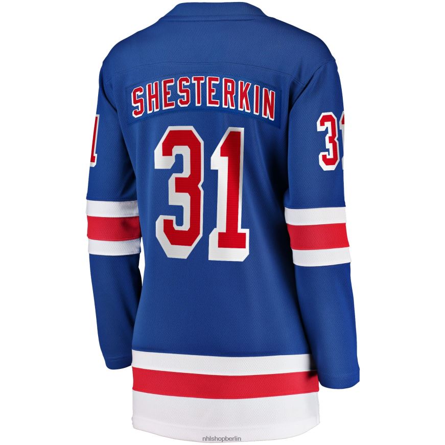 Frauen NHL Blaues Breakaway-Heimtrikot der New York Rangers mit Fanatics-Logo von Igor Shesterkin Kleidung BF680T232