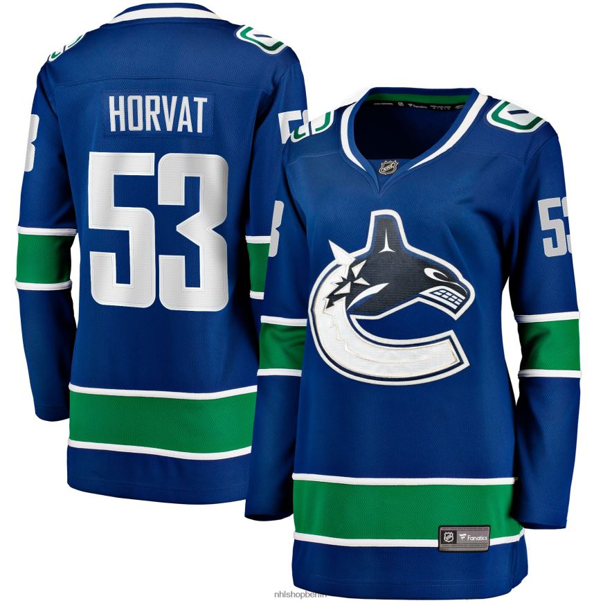 Frauen NHL Blaues Breakaway-Heimtrikot der Vancouver Canucks mit Bo-Horvat-Fanatiker-Logo Kleidung BF680T2136