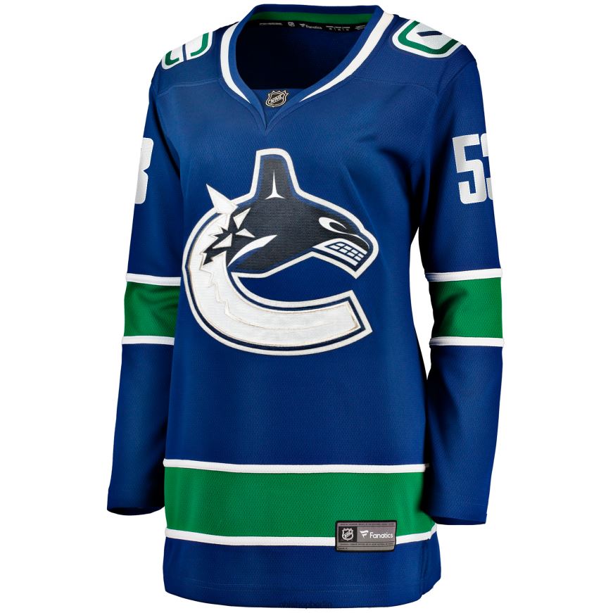 Frauen NHL Blaues Breakaway-Heimtrikot der Vancouver Canucks mit Bo-Horvat-Fanatiker-Logo Kleidung BF680T2136