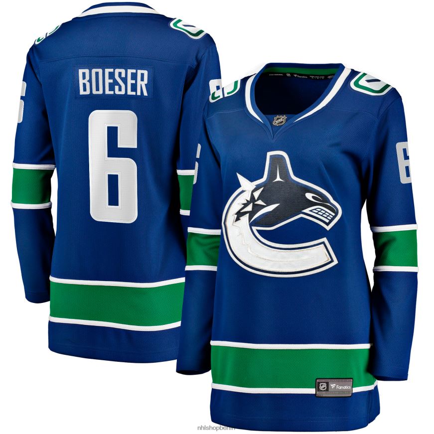 Frauen NHL Blaues Breakaway-Heimtrikot der Vancouver Canucks mit Brock Boeser Fanatics-Logo Kleidung BF680T2144