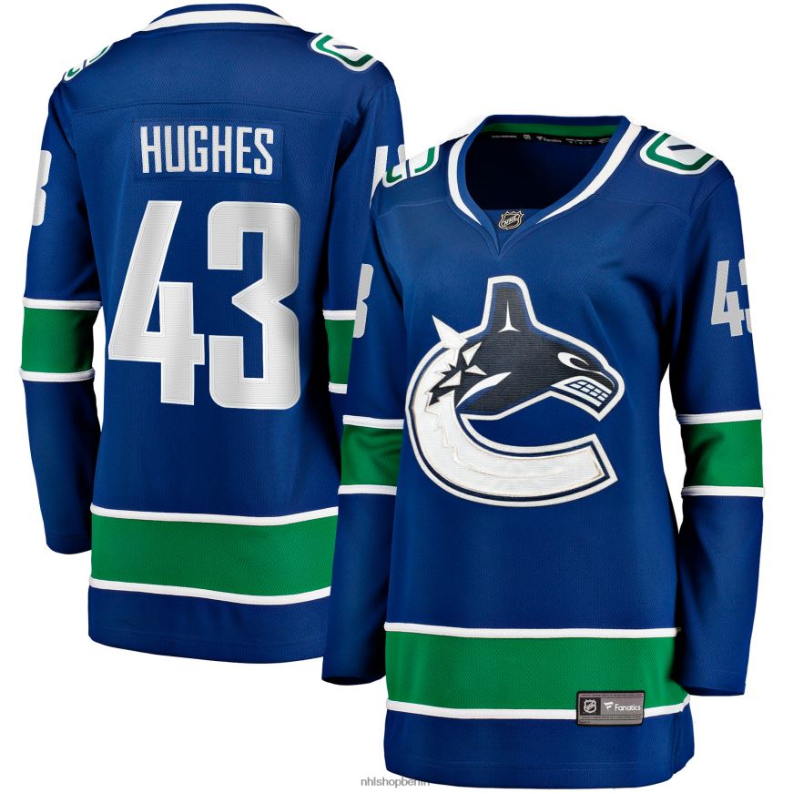 Frauen NHL Blaues Breakaway-Heimtrikot der Vancouver Canucks mit Quinn Hughes Fanatics-Logo Kleidung BF680T1926