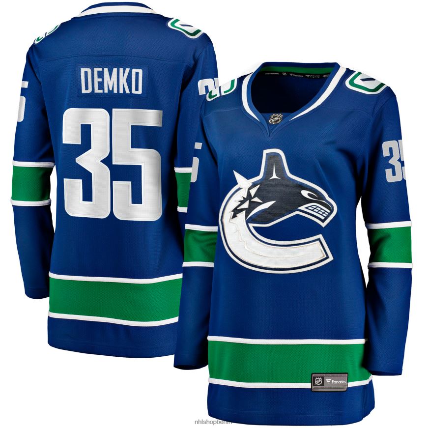 Frauen NHL Blaues Breakaway-Heimtrikot der Vancouver Canucks mit Thatcher-Demko-Fanatiker-Logo Kleidung BF680T2141