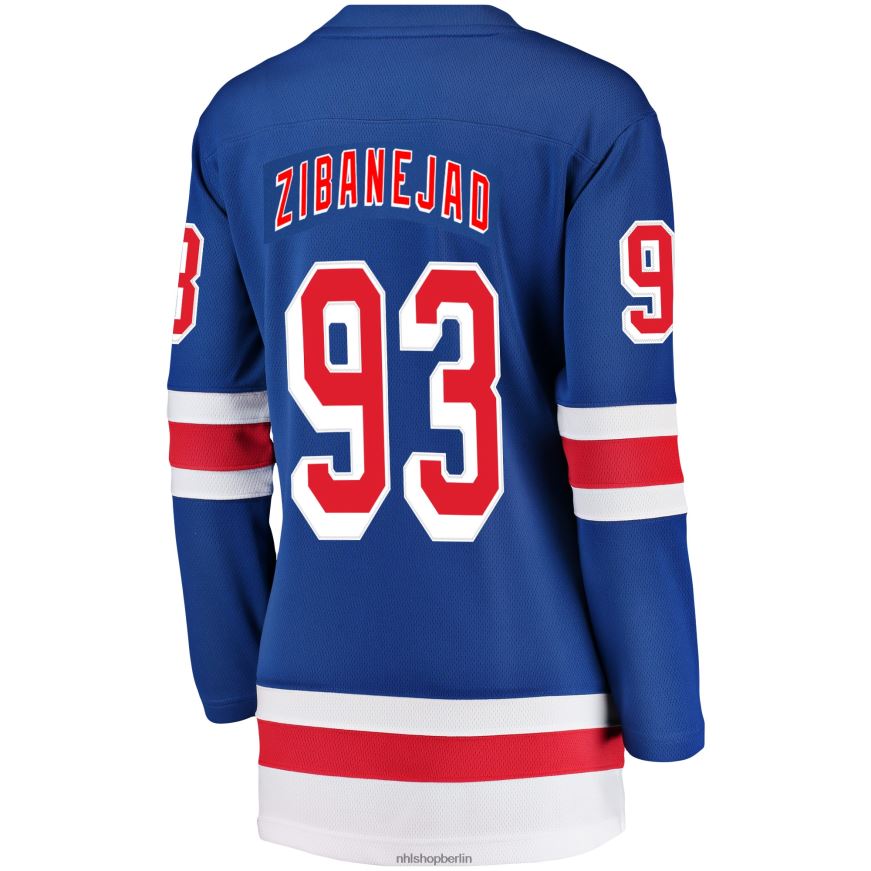 Frauen NHL Blaues Breakaway-Spielertrikot der New York Rangers mit Mika-Zibanejad-Fanatiker-Logo Kleidung BF680T462