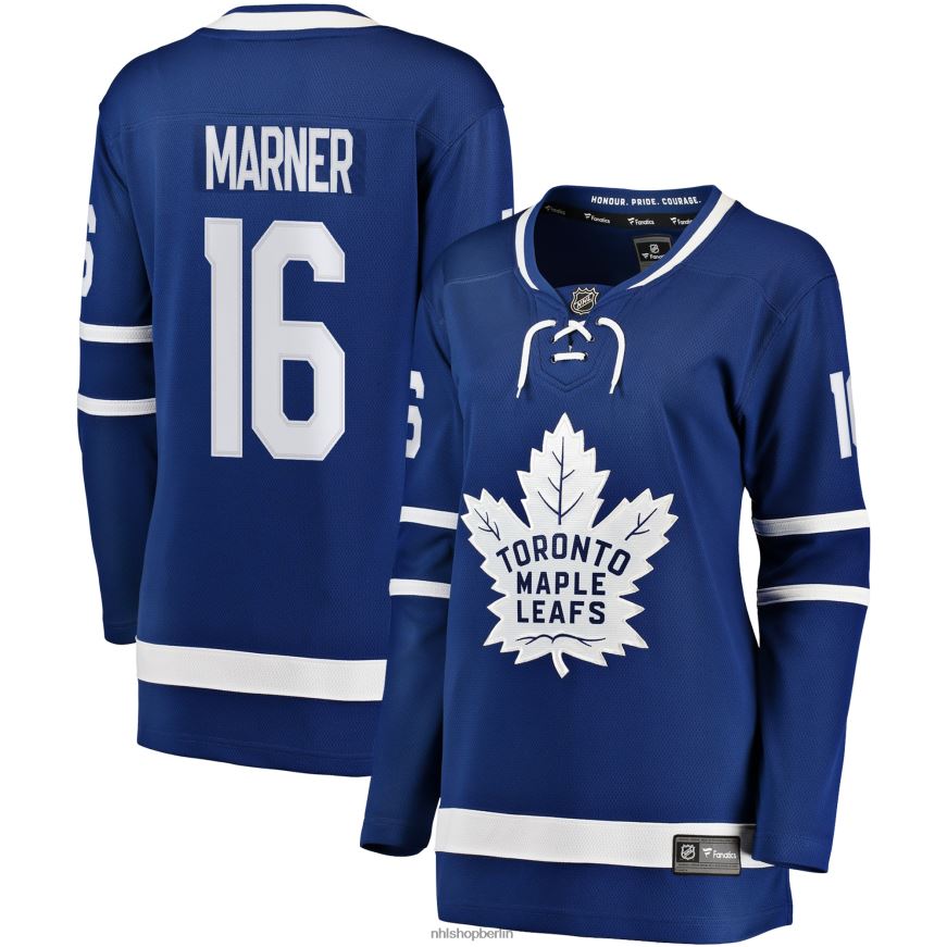 Frauen NHL Blaues Breakaway-Spielertrikot der Toronto Maple Leafs mit Mitchell Marner Fanatics-Logo Kleidung BF680T1304