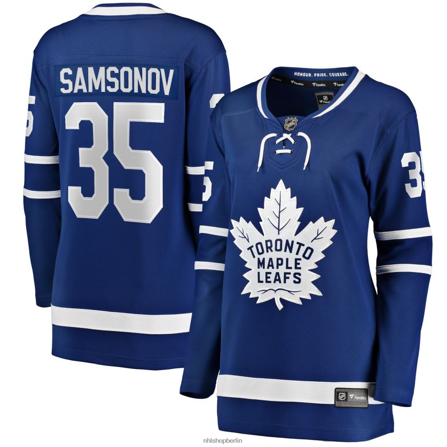 Frauen NHL Blaues Heim-Ausreißer-Spielertrikot der Toronto Maple Leafs mit Ilya Samsonov Fanatics-Logo Kleidung BF680T1792