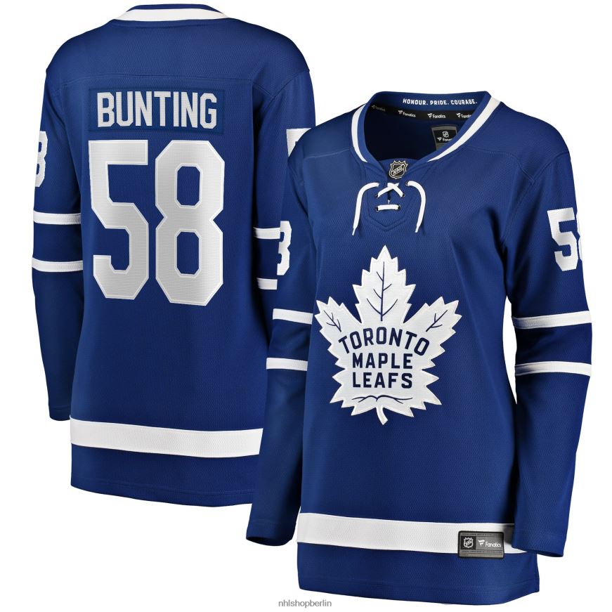 Frauen NHL Blaues Heim-Ausreißer-Spielertrikot der Toronto Maple Leafs mit Michael Bunting Fanatics-Logo Kleidung BF680T1273