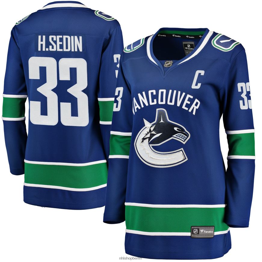 Frauen NHL Blaues Heim-Ausreißer-Spielertrikot der Vancouver Canucks mit Henrik-Sedin-Fanatiker-Logo Kleidung BF680T1388