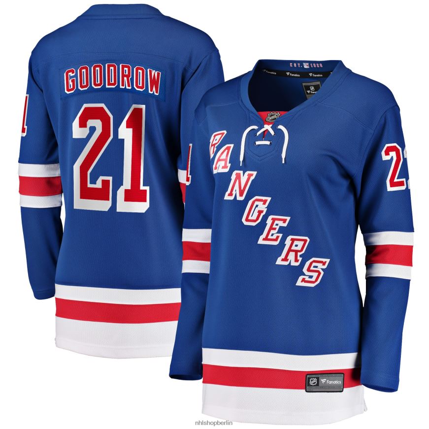 Frauen NHL Blaues Heim-Ausreißertrikot der New York Rangers mit Barclay Goodrow Fanatics-Logo Kleidung BF680T1309