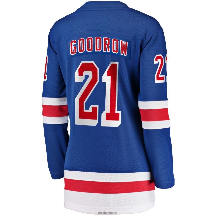 Frauen NHL Blaues Heim-Ausreißertrikot der New York Rangers mit Barclay Goodrow Fanatics-Logo Kleidung BF680T1309