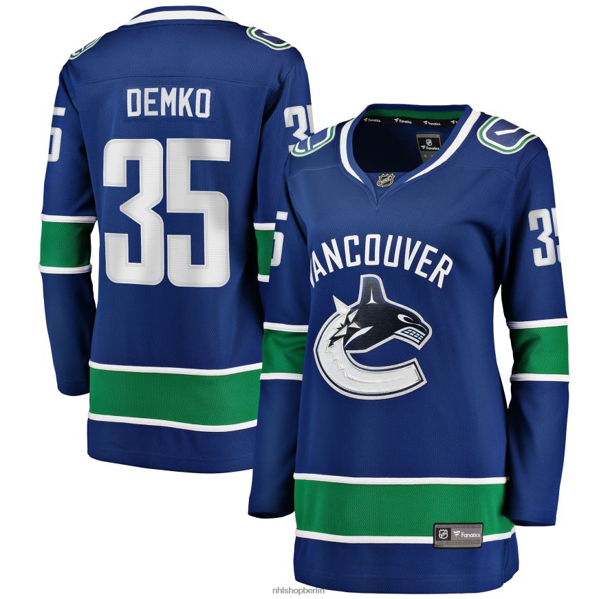 Frauen NHL Blaues Heimtrikot der Vancouver Canucks mit Thatcher-Demko-Fanatiker-Logo für Breakaway-Spieler Kleidung BF680T1460