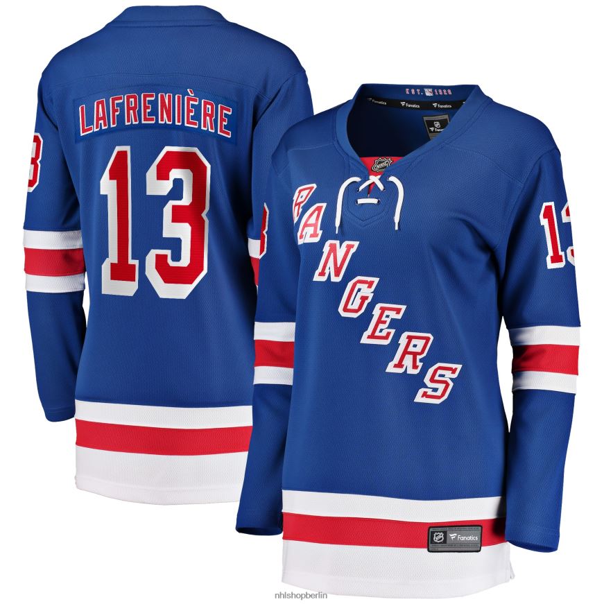 Frauen NHL Blaues Home-Premier-Breakaway-Spielertrikot der New York Rangers mit Alexis Lafreniere-Fanatiker-Logo Kleidung BF680T1228