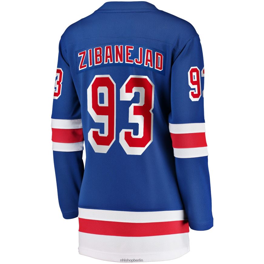 Frauen NHL Blaues Home-Premier-Breakaway-Spielertrikot der New York Rangers mit Mika-Zibanejad-Fanatiker-Logo Kleidung BF680T91