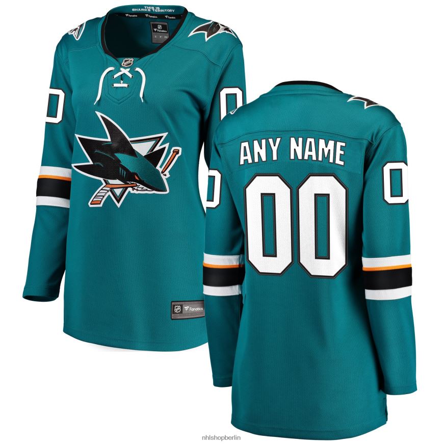 Frauen NHL Blaugrünes 2021/22 Home Breakaway-Trikot der San Jose Sharks Fanatics nach Maß Kleidung BF680T1299