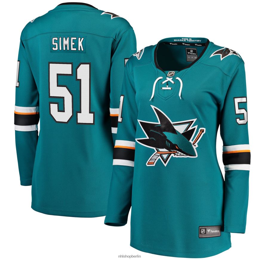 Frauen NHL Blaugrünes Abtrünnigen-Heimtrikot der San Jose Sharks von Radim Simek Fanatics Kleidung BF680T2139