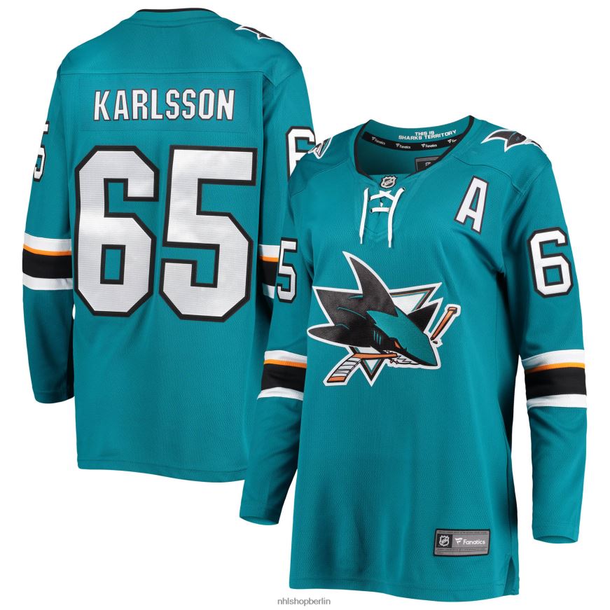 Frauen NHL Blaugrünes Breakaway-Heimspieler-Trikot der San Jose Sharks mit Fanatics-Logo von Erik Karlsson Kleidung BF680T2428