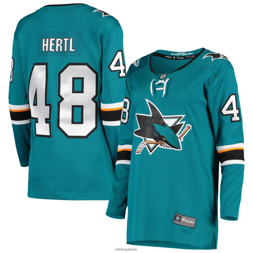 Frauen NHL Blaugrünes Breakaway-Heimspielertrikot der San Jose Sharks mit Fanatics-Logo von Tomas Hertl Kleidung BF680T2435