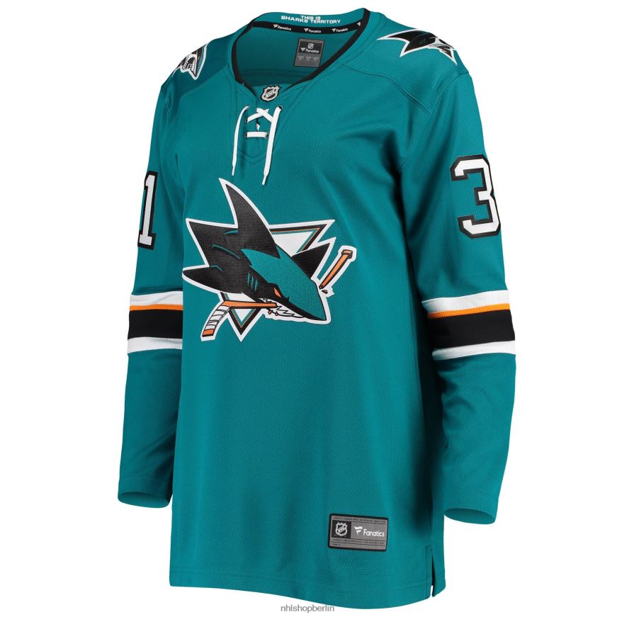 Frauen NHL Blaugrünes Breakaway-Spielertrikot der San Jose Sharks mit Martin Jones-Fanatiker-Logo Kleidung BF680T2300