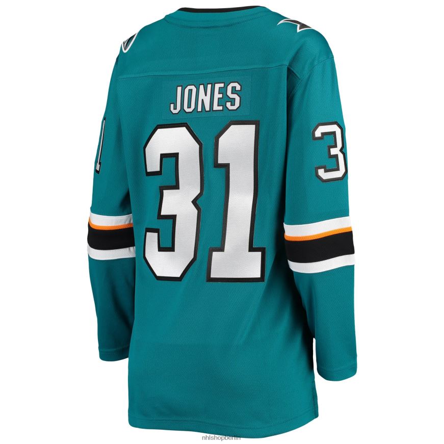 Frauen NHL Blaugrünes Breakaway-Spielertrikot der San Jose Sharks mit Martin Jones-Fanatiker-Logo Kleidung BF680T2300