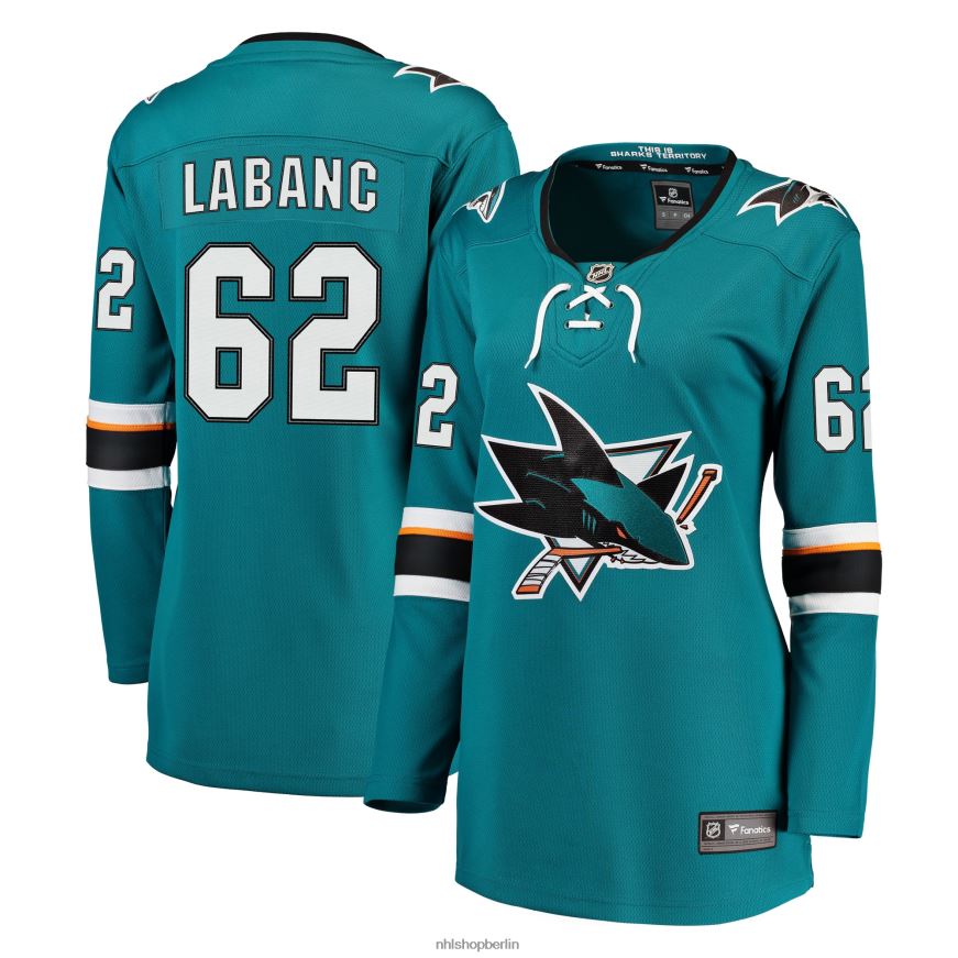 Frauen NHL Blaugrünes Breakaway-Trikot der San Jose Sharks mit Kevin Labanc Fanatics-Logo Kleidung BF680T2100