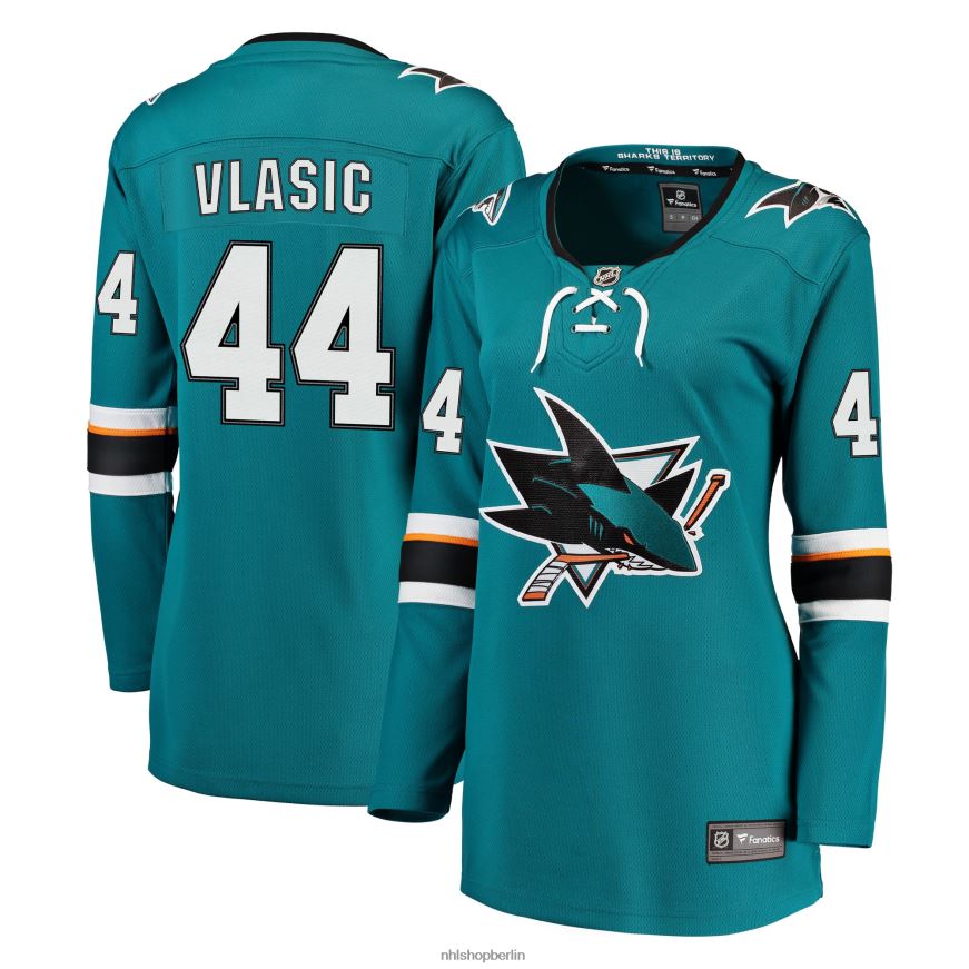 Frauen NHL Blaugrünes Breakaway-Trikot der San Jose Sharks mit Marc-Edouard-Vlasic-Fanatiker-Logo Kleidung BF680T2096