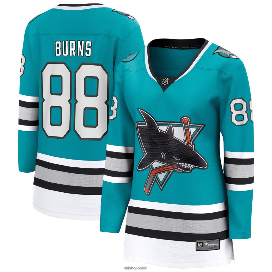 Frauen NHL Blaugrünes Premier-Breakaway-Spielertrikot der San Jose Sharks mit Fanatics-Logo zum 30-jährigen Jubiläum Kleidung BF680T1027