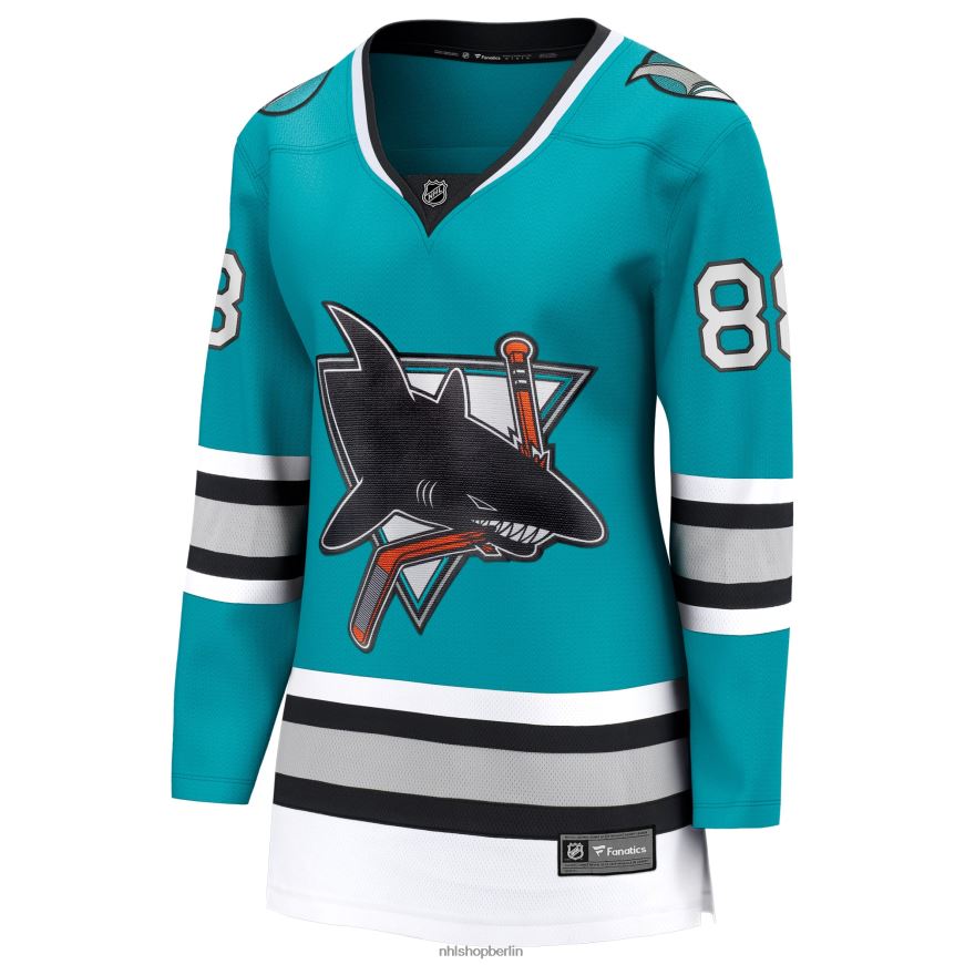 Frauen NHL Blaugrünes Premier-Breakaway-Spielertrikot der San Jose Sharks mit Fanatics-Logo zum 30-jährigen Jubiläum Kleidung BF680T1027