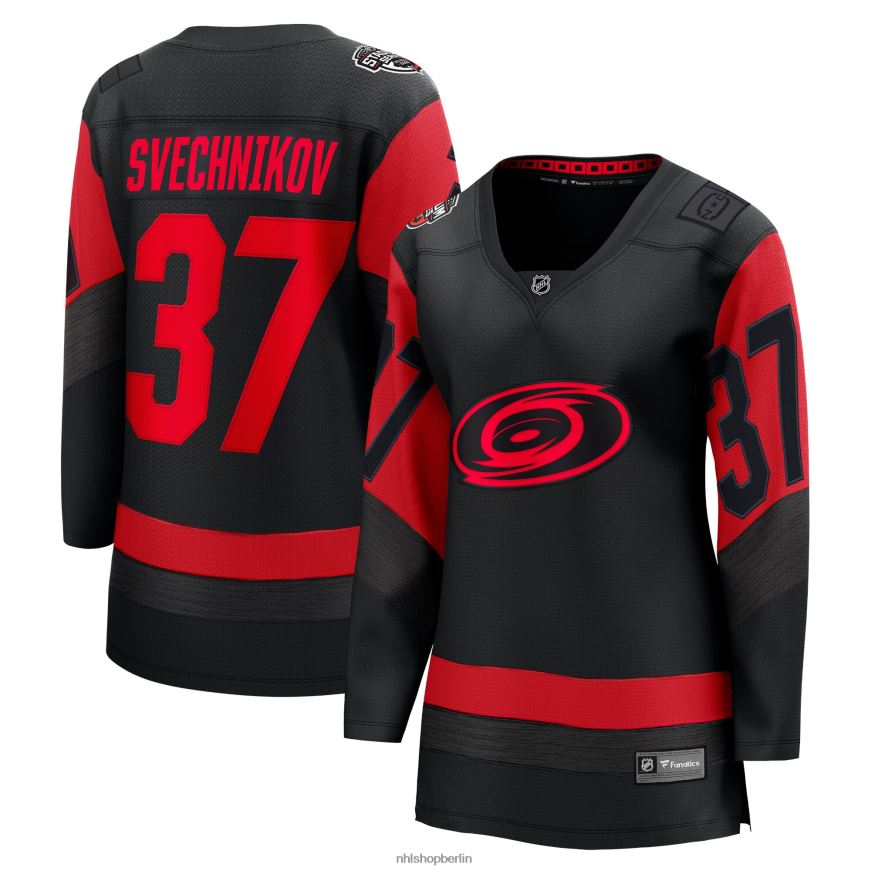 Frauen NHL Carolina Hurricanes Andrei Svechnikov Fanatics gebrandetes schwarzes 2023 Stadium Series Breakaway-Spielertrikot Kleidung BF680T894