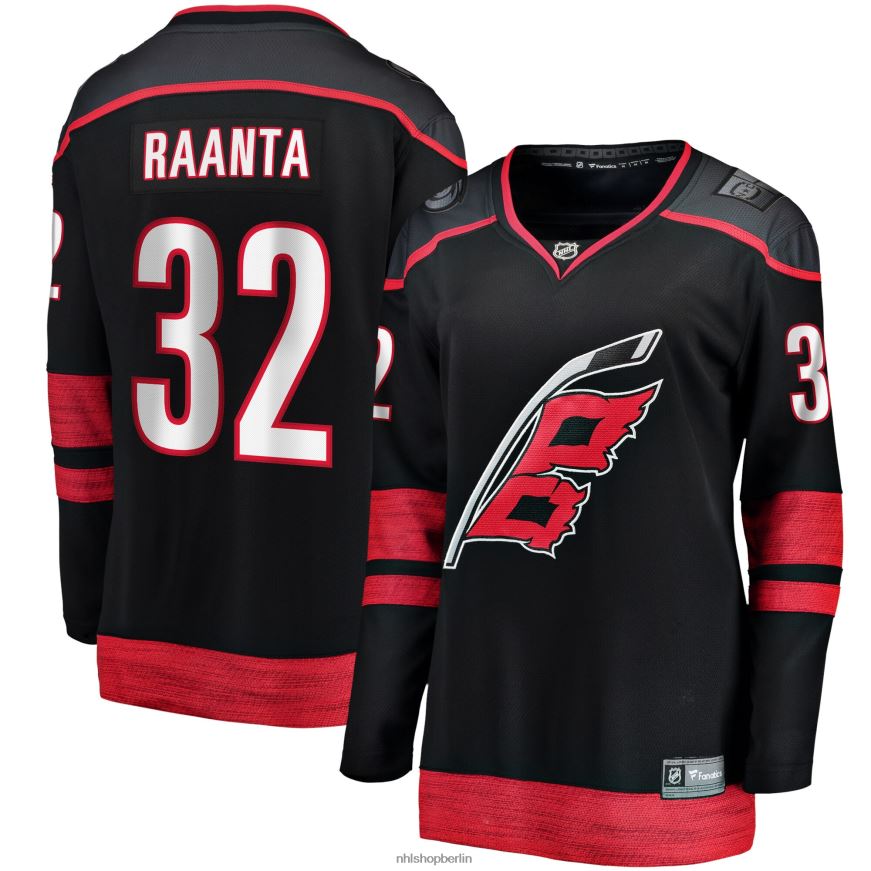 Frauen NHL Carolina Hurricanes Antti Raanta Fanatics-gebrandetes schwarzes Heim-Ausreißer-Spielertrikot Kleidung BF680T889