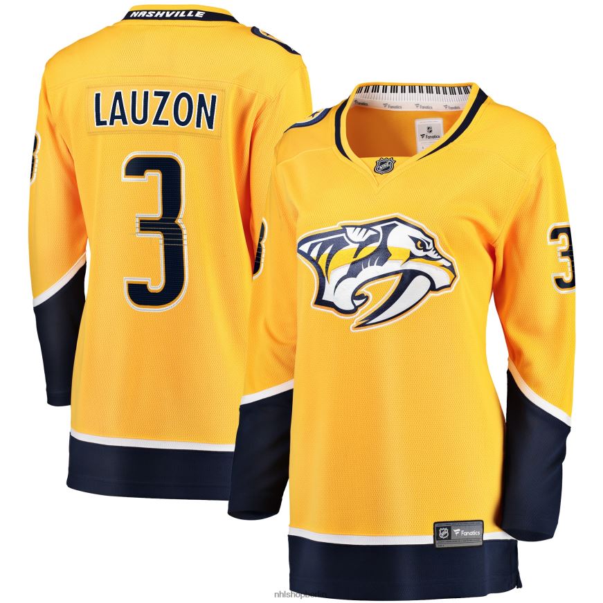 Frauen NHL Goldenes Home-Breakaway-Spielertrikot der Nashville Predators mit Fanatics-Logo von Jeremy Lauzon Kleidung BF680T1794