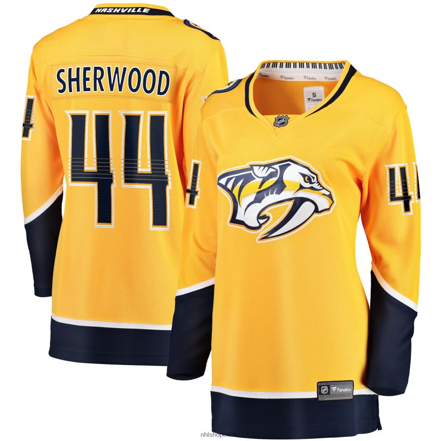 Frauen NHL Goldfarbenes Home-Breakaway-Spielertrikot der Nashville Predators Kiefer Sherwood Fanatics Kleidung BF680T1400