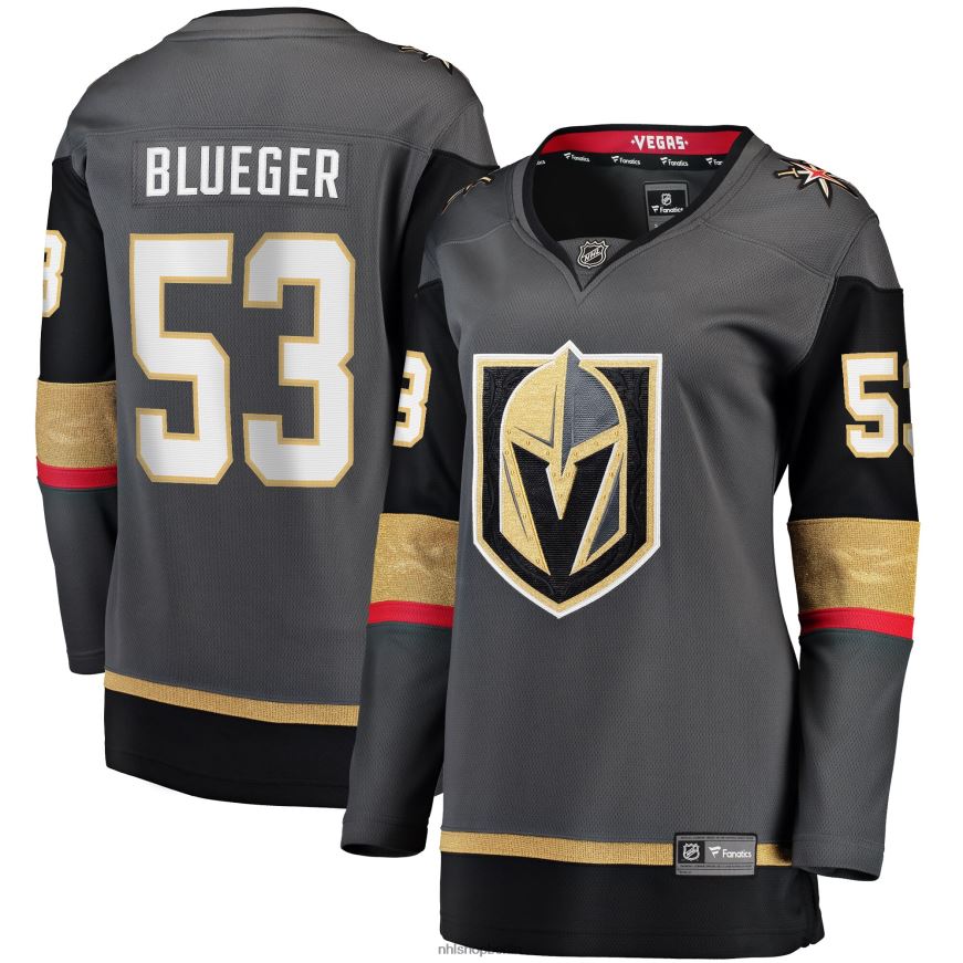 Frauen NHL Graues Breakaway-Heimtrikot der Vegas Golden Knights mit Teddy-Blueger-Fanatiker-Logo Kleidung BF680T2433