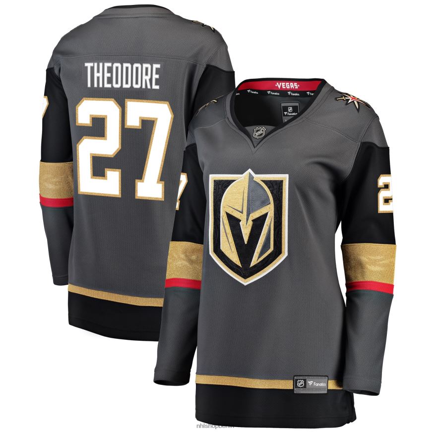 Frauen NHL Graues alternatives Breakaway-Spielertrikot der Vegas Golden Knights mit Shea-Theodore-Fanatiker-Logo Kleidung BF680T1803