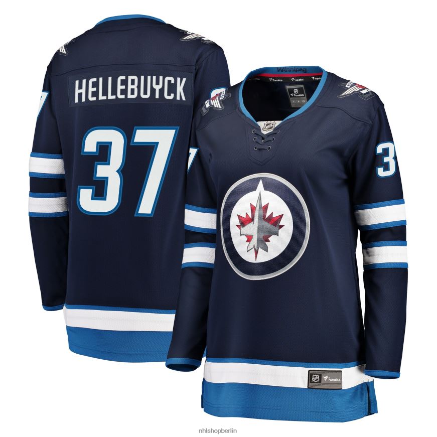 Frauen NHL Marineblaues Breakaway-Trikot der Winnipeg Jets mit Connor-Hellebuyck-Fanatiker-Logo Kleidung BF680T1632