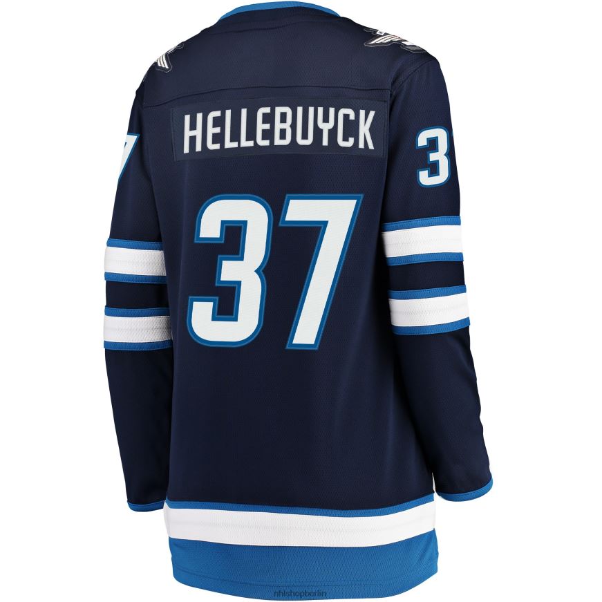 Frauen NHL Marineblaues Breakaway-Trikot der Winnipeg Jets mit Connor-Hellebuyck-Fanatiker-Logo Kleidung BF680T1632