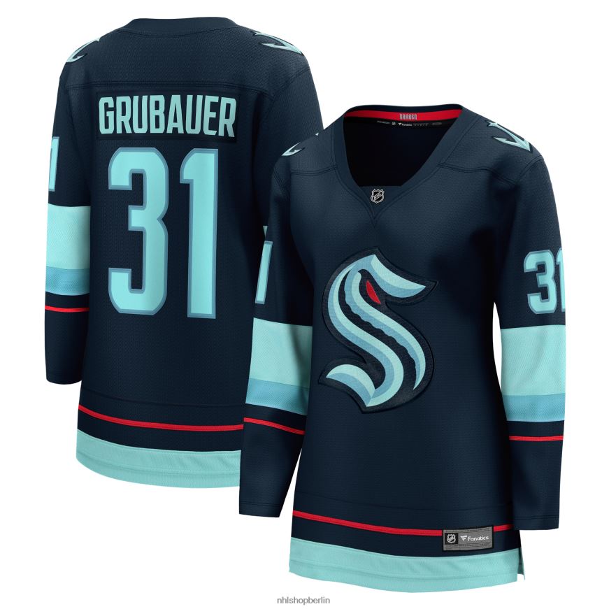 Frauen NHL Marineblaues Heim-Ausreißer-Spielertrikot mit Fanatics-Logo von Seattle Kraken Philipp Grubauer Kleidung BF680T2399