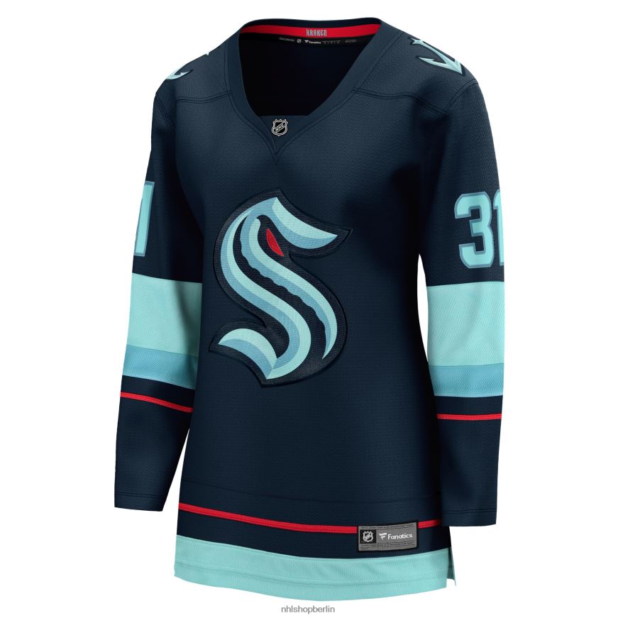 Frauen NHL Marineblaues Heim-Ausreißer-Spielertrikot mit Fanatics-Logo von Seattle Kraken Philipp Grubauer Kleidung BF680T2399