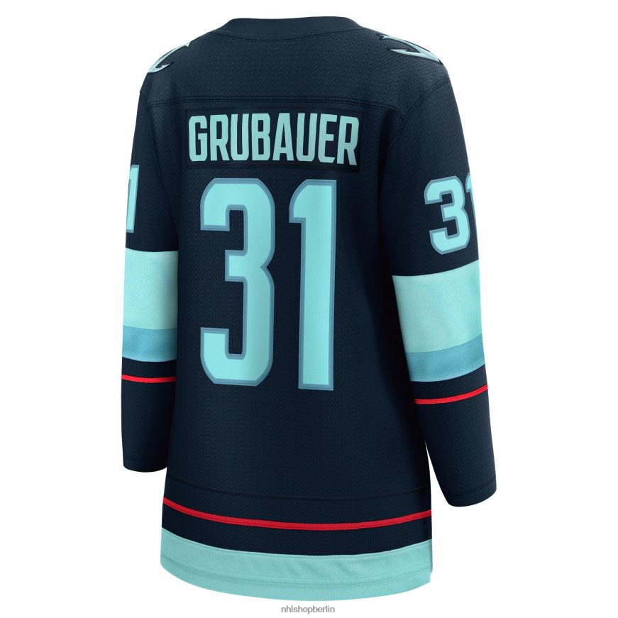 Frauen NHL Marineblaues Heim-Ausreißer-Spielertrikot mit Fanatics-Logo von Seattle Kraken Philipp Grubauer Kleidung BF680T2399