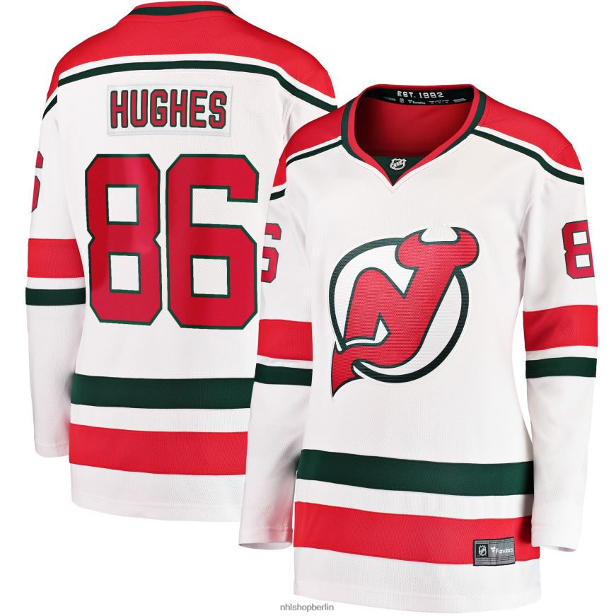 Frauen NHL New Jersey Devils Jack Hughes Fanatics Branded White 2022/23 Heritage Premier Breakaway-Trikot Kleidung BF680T480