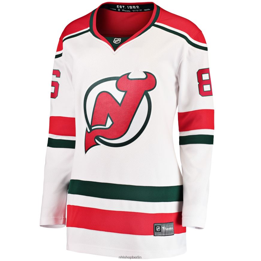 Frauen NHL New Jersey Devils Jack Hughes Fanatics Branded White 2022/23 Heritage Premier Breakaway-Trikot Kleidung BF680T480