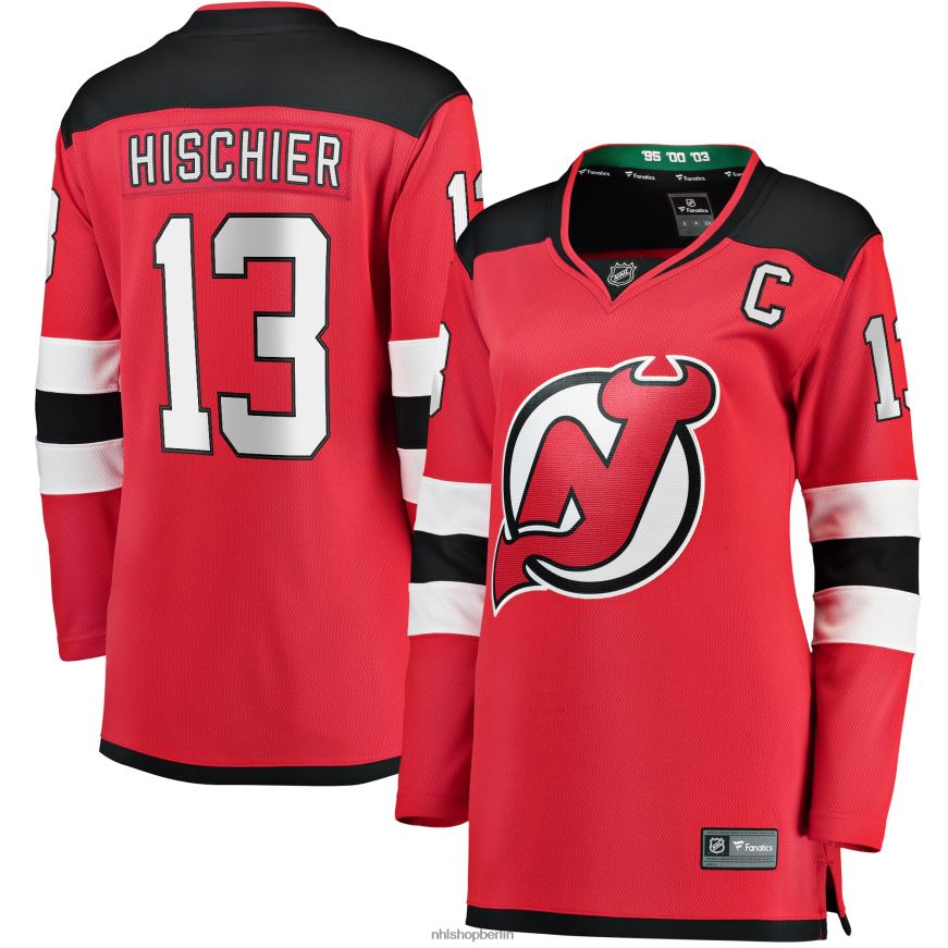 Frauen NHL New Jersey Devils Nico Hischier Fanatics-Heimtrikot mit rotem Captain-Patch und Breakaway-Logo Kleidung BF680T2355