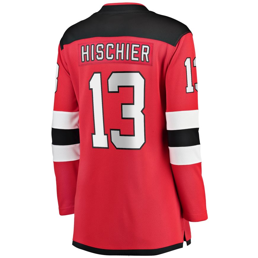 Frauen NHL New Jersey Devils Nico Hischier Fanatics-Heimtrikot mit rotem Captain-Patch und Breakaway-Logo Kleidung BF680T2355