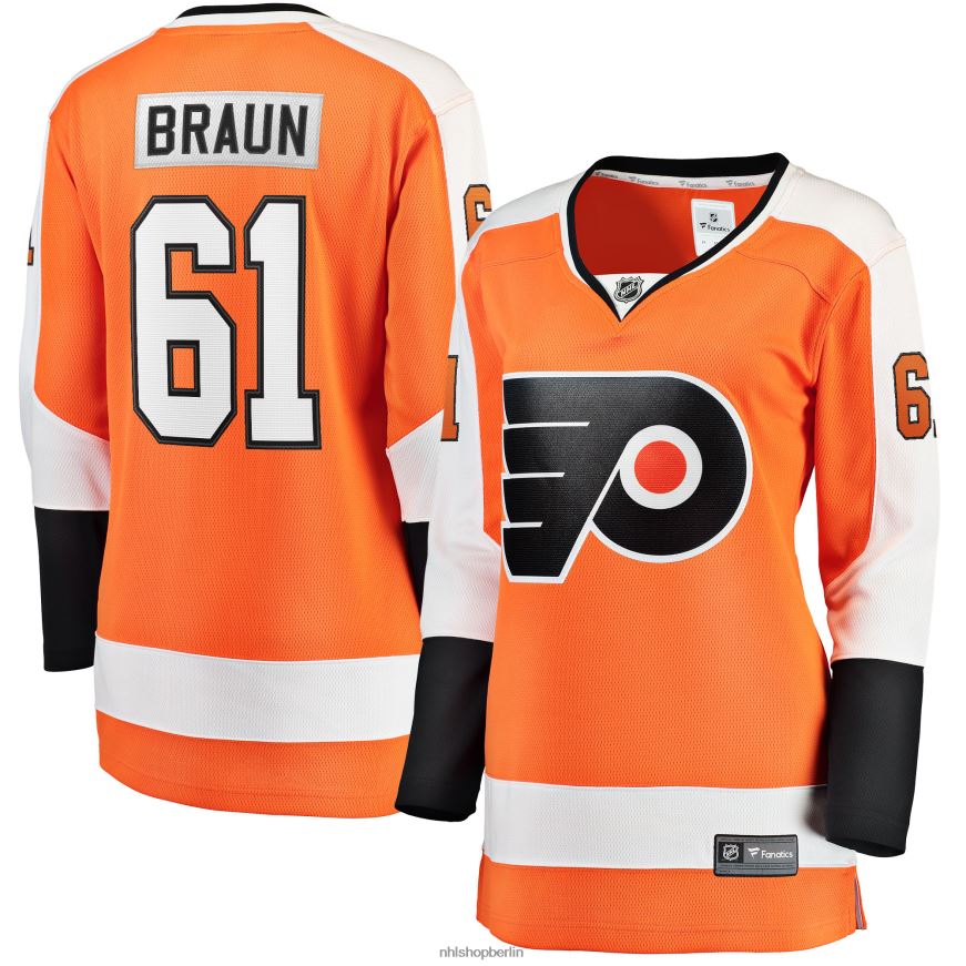 Frauen NHL Orangefarbenes Home-Breakaway-Trikot der Philadelphia Flyers mit Justin Braun Fanatics-Logo Kleidung BF680T2242