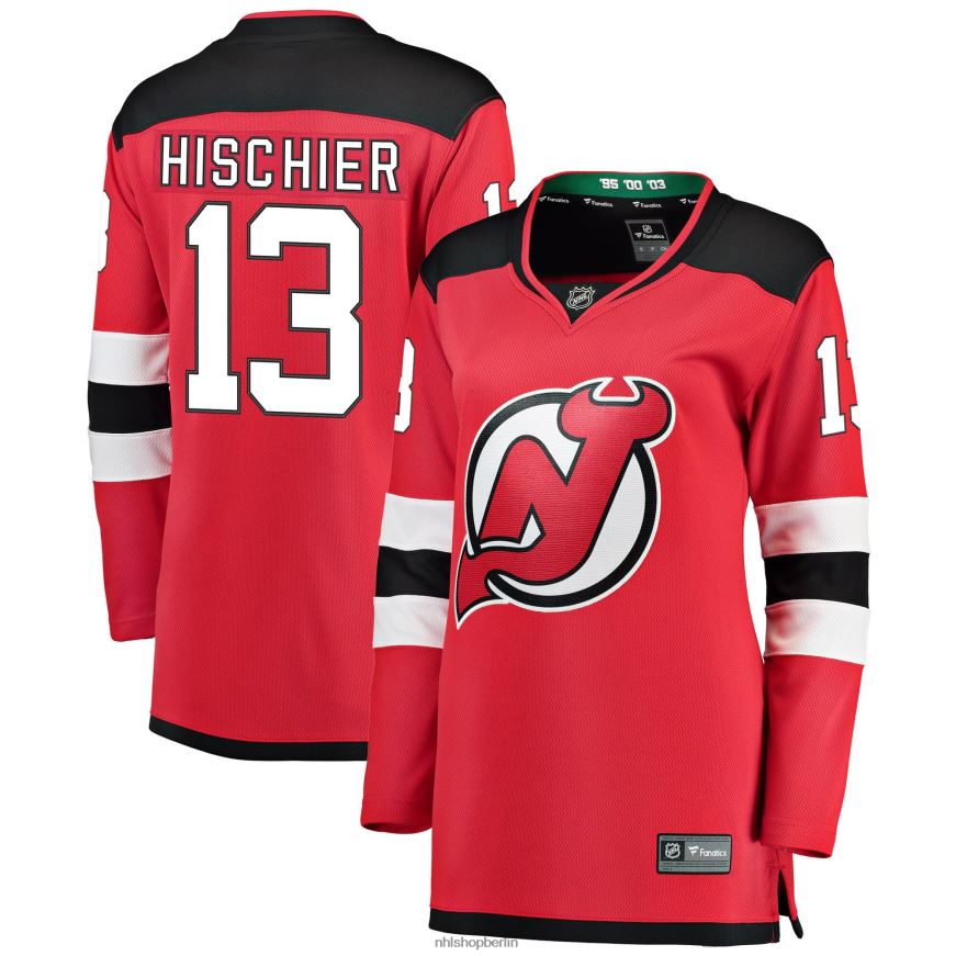 Frauen NHL Rotes Breakaway-Heimspielertrikot der New Jersey Devils mit Fanatics-Logo von Nico Hischier Kleidung BF680T2145