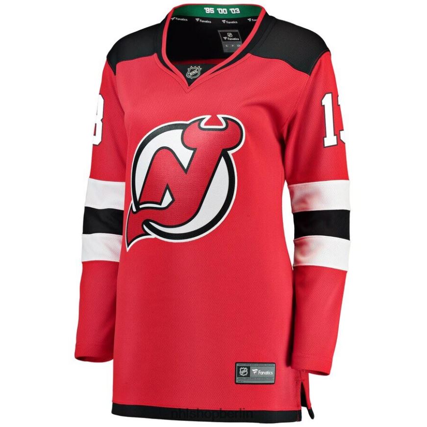 Frauen NHL Rotes Breakaway-Heimspielertrikot der New Jersey Devils mit Fanatics-Logo von Nico Hischier Kleidung BF680T2145