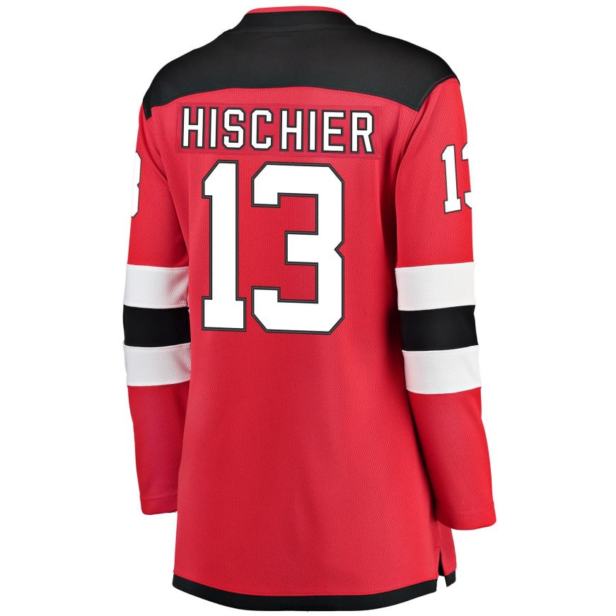 Frauen NHL Rotes Breakaway-Heimspielertrikot der New Jersey Devils mit Fanatics-Logo von Nico Hischier Kleidung BF680T2145