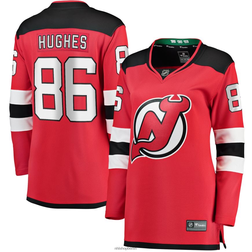 Frauen NHL Rotes Breakaway-Heimtrikot der New Jersey Devils mit Fanatics-Logo von Jack Hughes Kleidung BF680T249