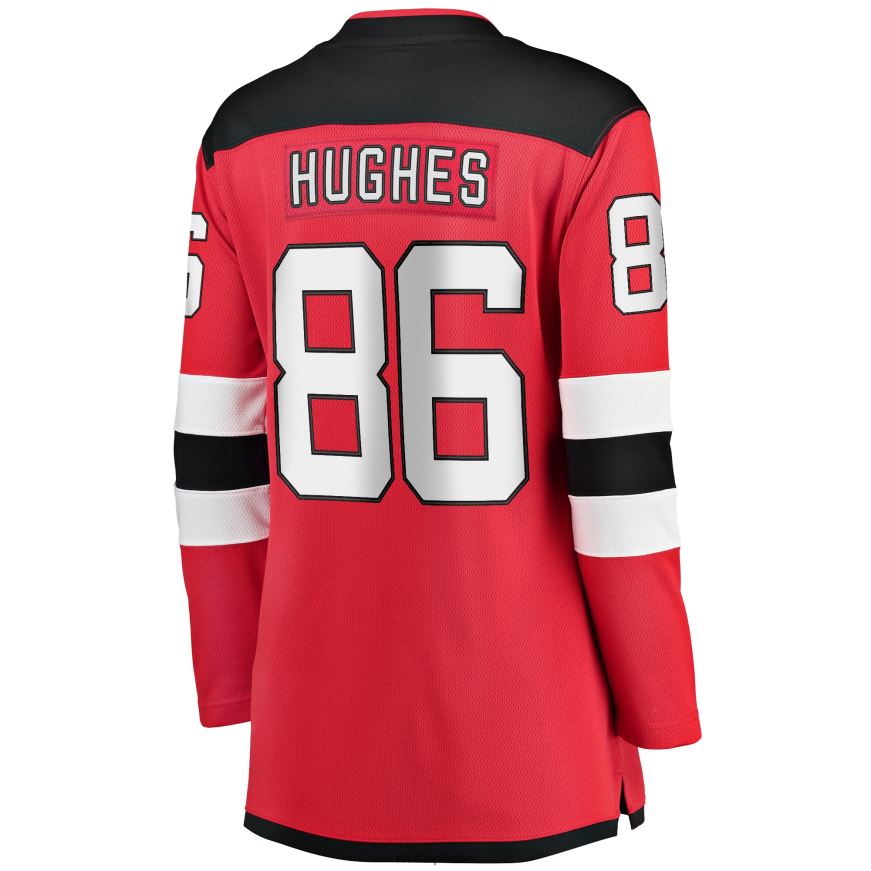 Frauen NHL Rotes Breakaway-Heimtrikot der New Jersey Devils mit Fanatics-Logo von Jack Hughes Kleidung BF680T249