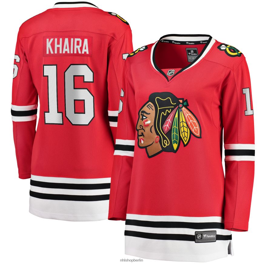 Frauen NHL Rotes Breakaway-Spielertrikot der Chicago Blackhawks mit Jujhar Khaira-Fanatiker-Logo Kleidung BF680T1686