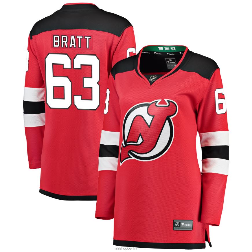 Frauen NHL Rotes Breakaway-Spielertrikot der New Jersey Devils mit Fanatics-Logo von Jesper Bratt Kleidung BF680T1567